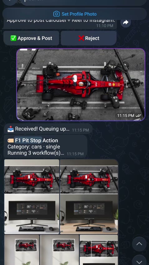 Telegram → product images → store → Instagram